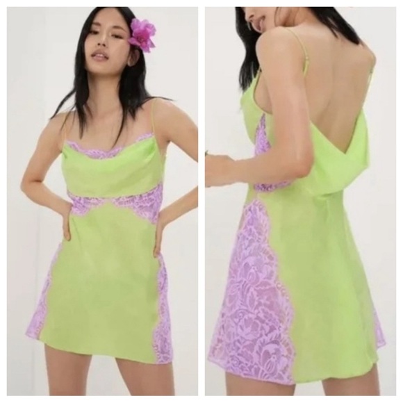 New! For Love and Lemons Silky satin Slip Dress neon bright green 51254